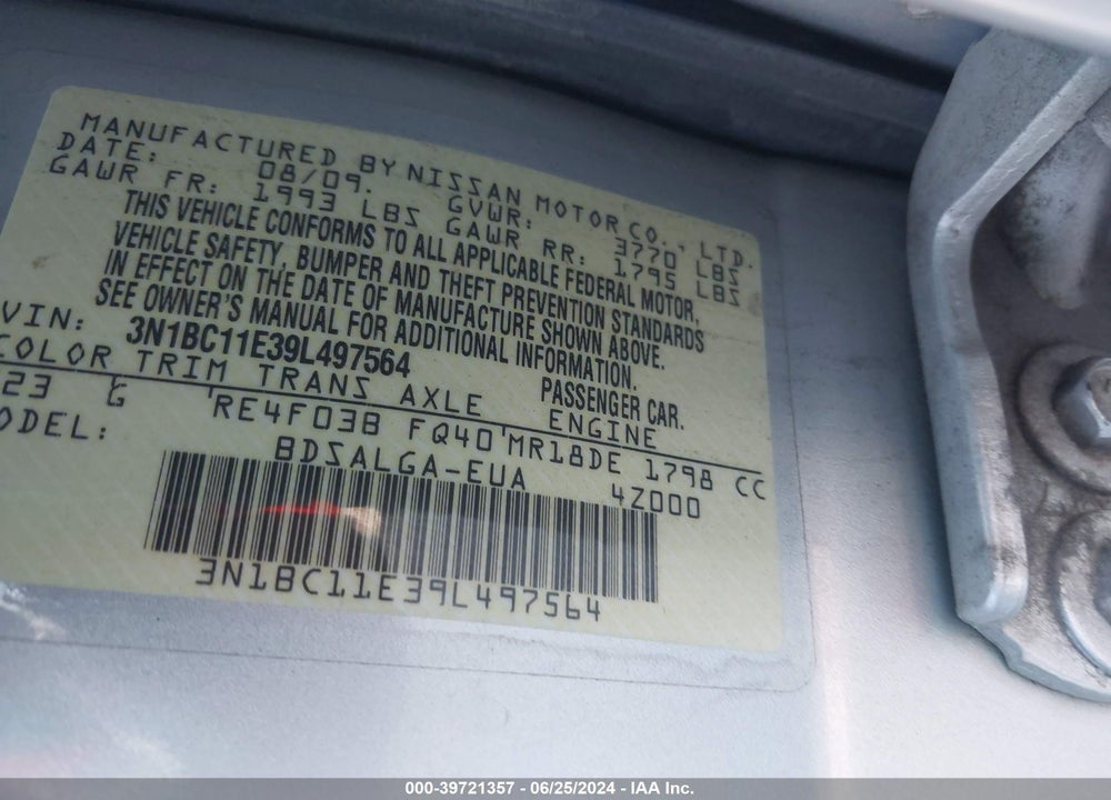 2009 NISSAN VERSA 1.8SL VIN: 3N1BC11E39L497564