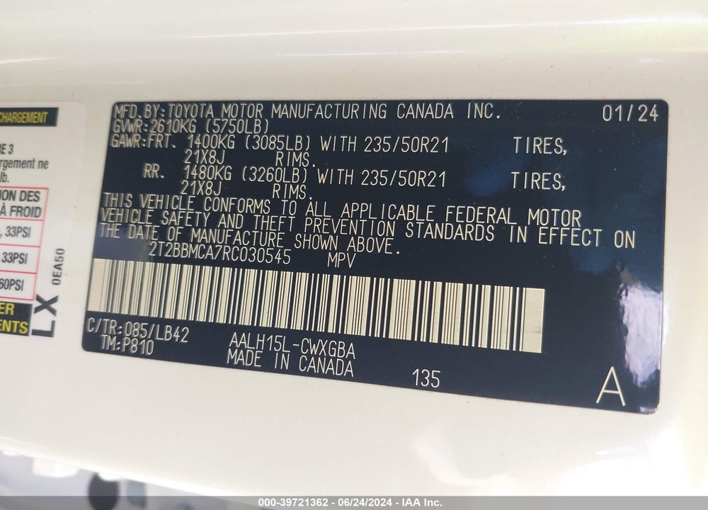2024 LEXUS RX 350H PREMIUM PLUS VIN: 2T2BBMCA7RC030545