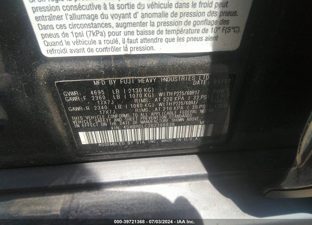 2011 SUBARU OUTBACK 3.6R LIMITED VIN: 4S4BRDLC2B2386838