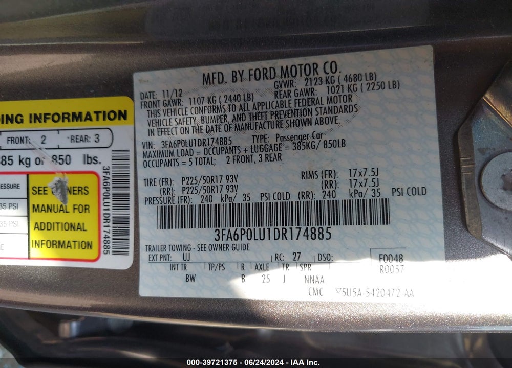 2013 FORD FUSION HYBRID SE VIN: 3FA6P0LU1DR174885