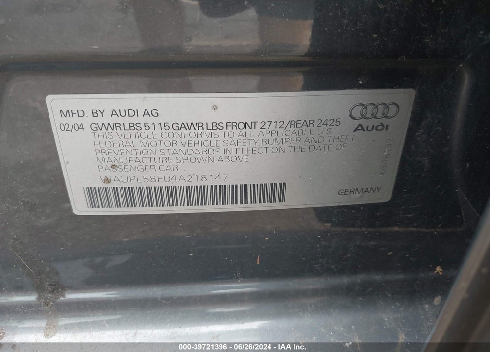 2004 AUDI S4 4.2 VIN: WAUPL58E04A218147
