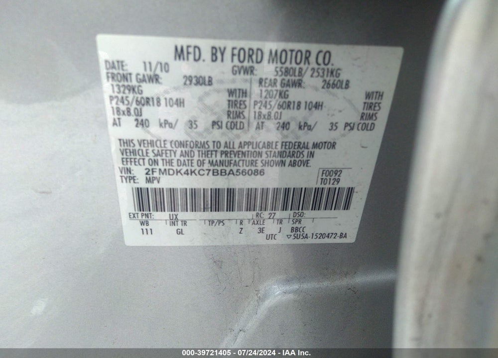 2011 FORD EDGE LIMITED VIN: 2FMDK4KC7BBA56086