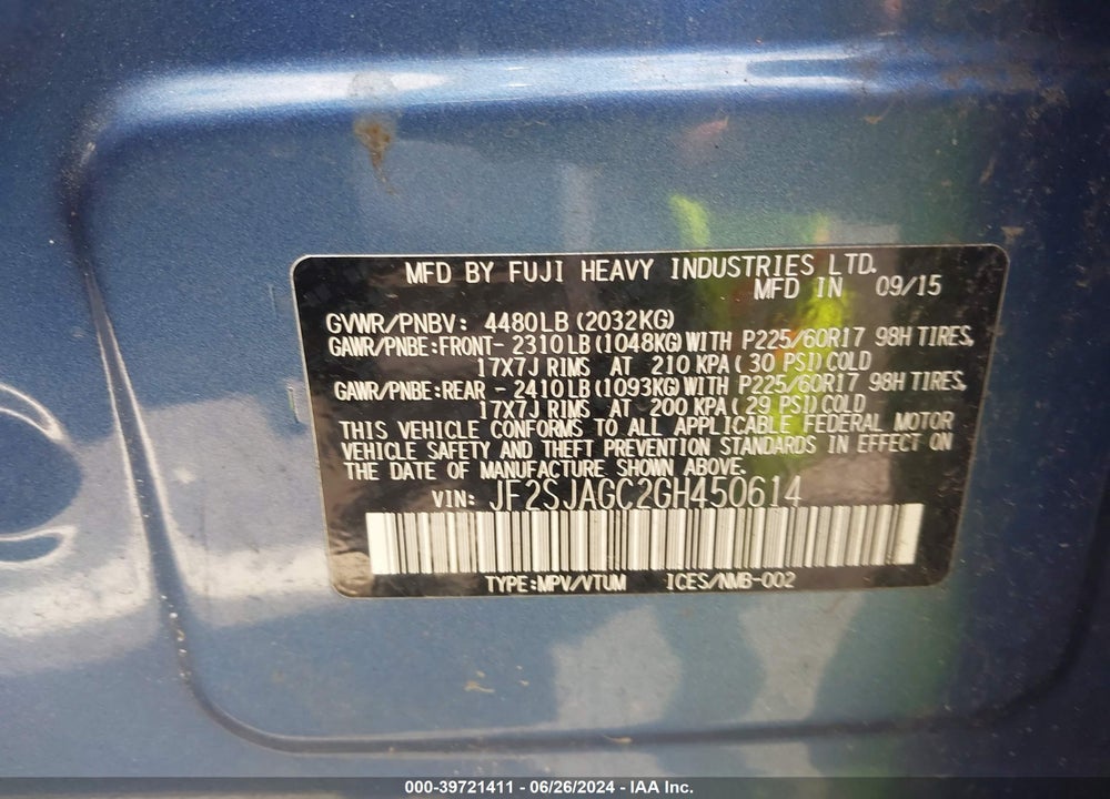2016 SUBARU FORESTER 2.5I PREMIUM VIN: JF2SJAGC2GH450614