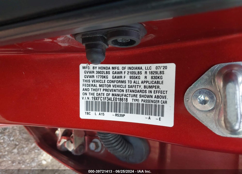 2020 HONDA CIVIC EX VIN: 19XFC1F34LE018618