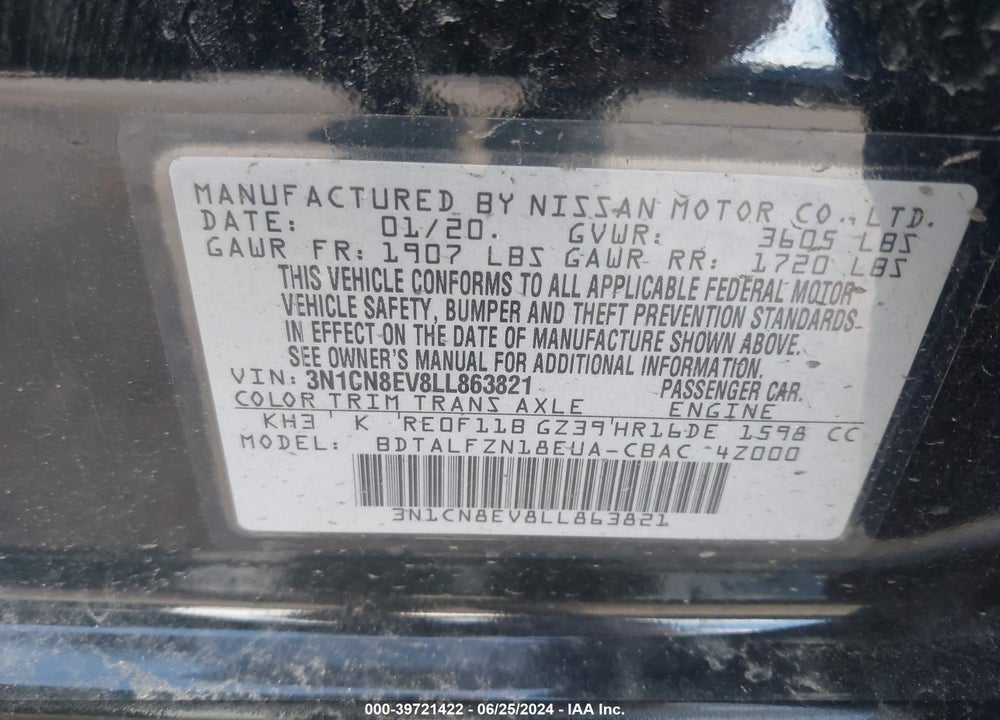 2020 NISSAN VERSA SV XTRONIC CVT VIN: 3N1CN8EV8LL863821