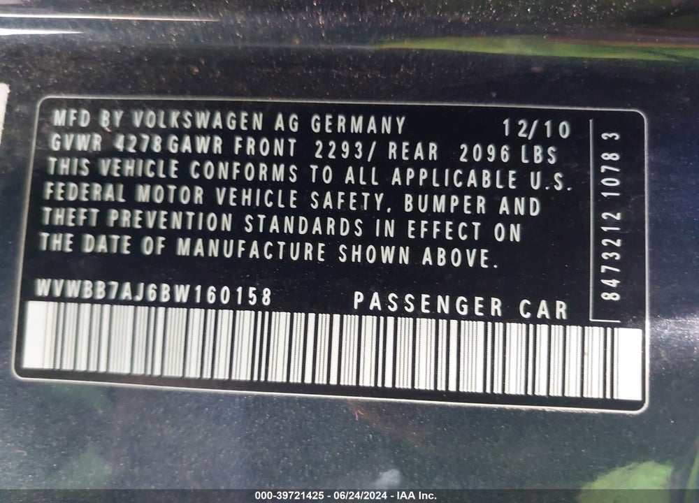 2011 VOLKSWAGEN GOLF 2.5L 2-DOOR VIN: WVWBB7AJ6BW160158