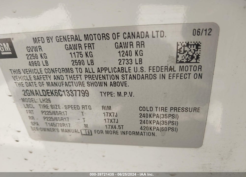 2012 CHEVROLET EQUINOX 1LT VIN: 2GNALDEK6C1337799