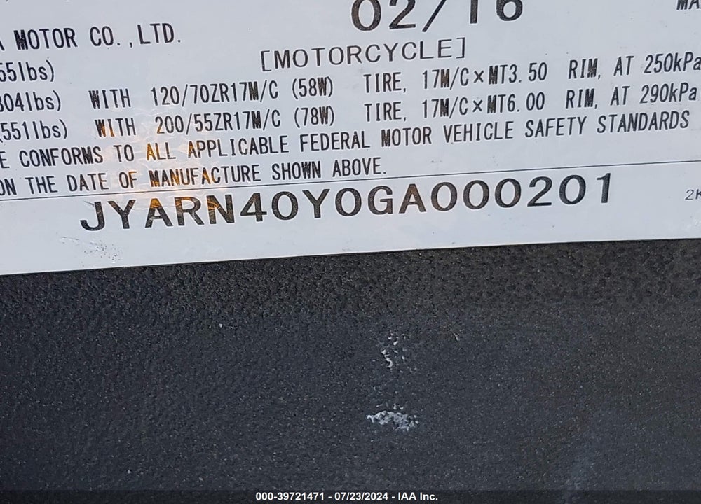 2016 YAMAHA YZFR1M C VIN: JYARN40Y0GA000201