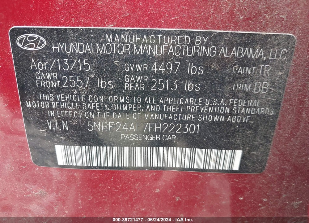 2015 HYUNDAI SONATA SE VIN: 5NPE24AF7FH222301