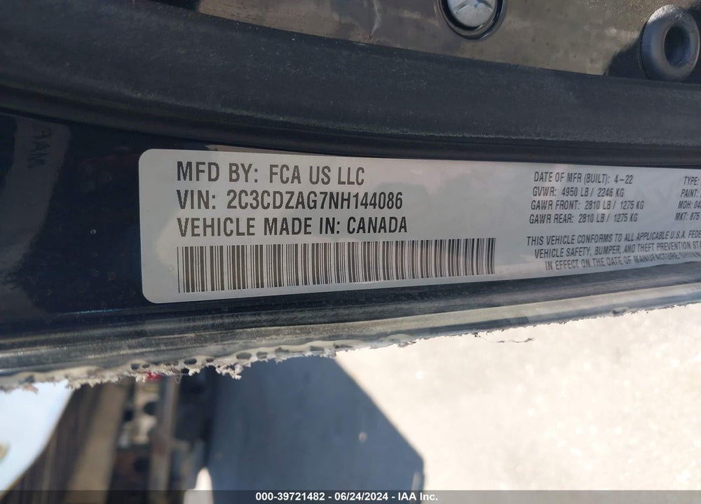 2022 DODGE CHALLENGER SXT VIN: 2C3CDZAG7NH144086