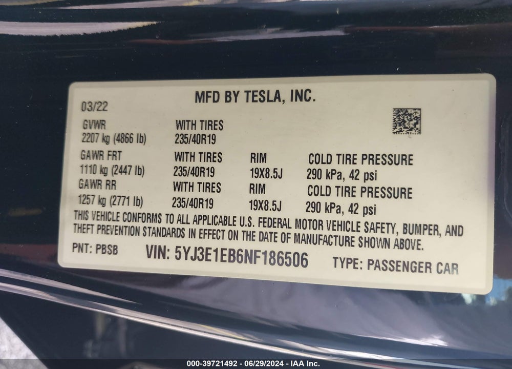 2022 TESLA MODEL 3 LONG RANGE DUAL MOTOR ALL-WHEEL DRIVE VIN: 5YJ3E1EB6NF186506