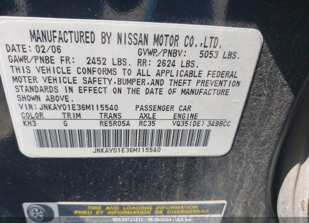 2006 INFINITI M35 VIN: JNKAY01E36M115540
