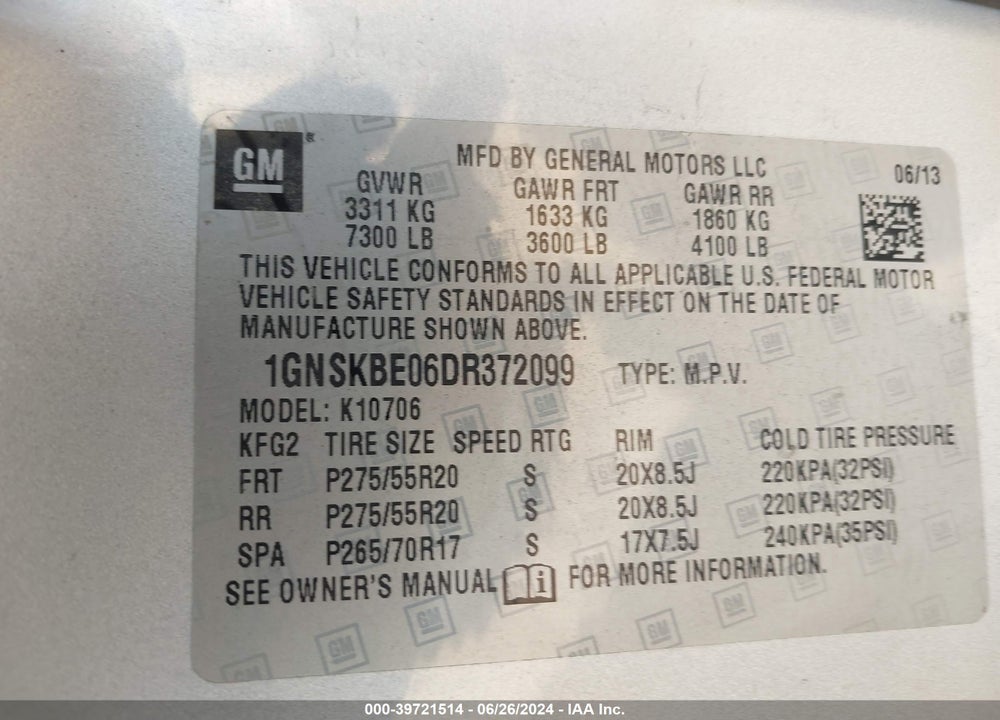 2013 CHEVROLET TAHOE LT VIN: 1GNSKBE06DR372099