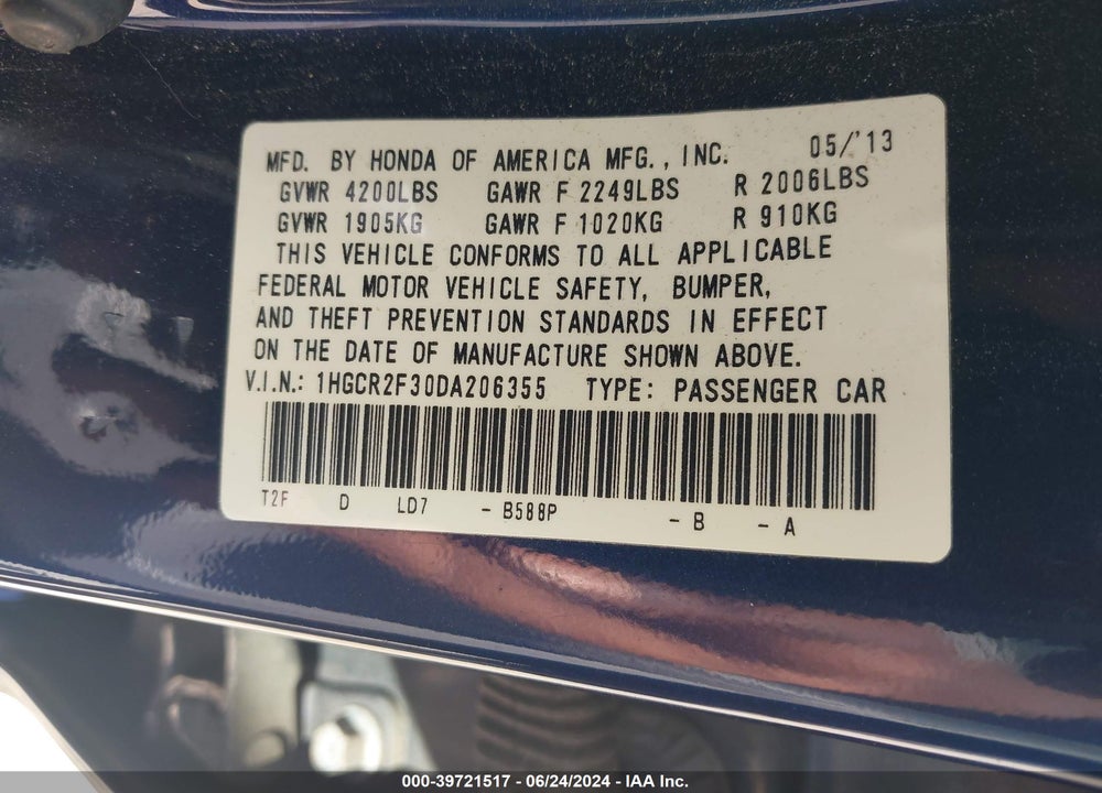 2013 HONDA ACCORD LX VIN: 1HGCR2F30DA206355