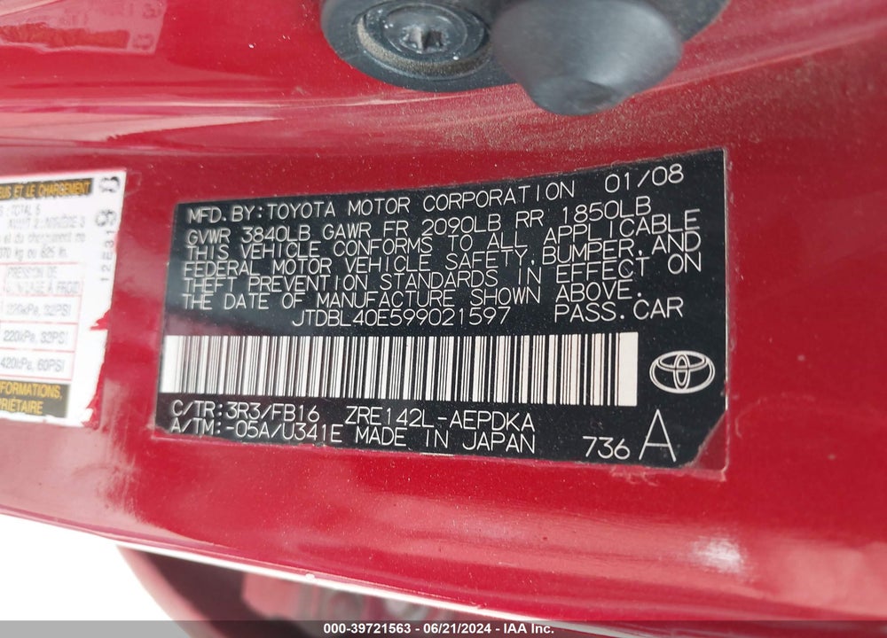 2009 TOYOTA COROLLA LE VIN: JTDBL40E599021597