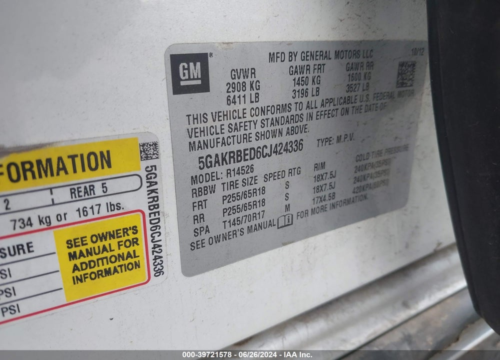 2012 BUICK ENCLAVE CONVENIENCE VIN: 5GAKRBED6CJ424336