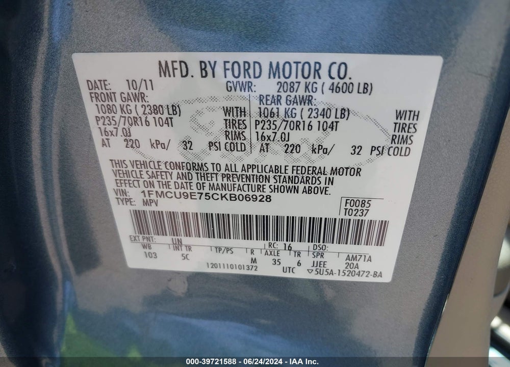 2012 FORD ESCAPE LIMITED VIN: 1FMCU9E75CKB06928