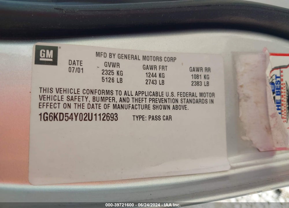 2002 CADILLAC DEVILLE VIN: 1G6KD54Y02U112693
