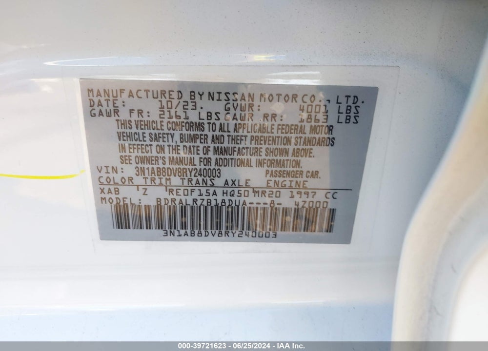 2024 NISSAN SENTRA SR XTRONIC CVT VIN: 3N1AB8DV8RY240003