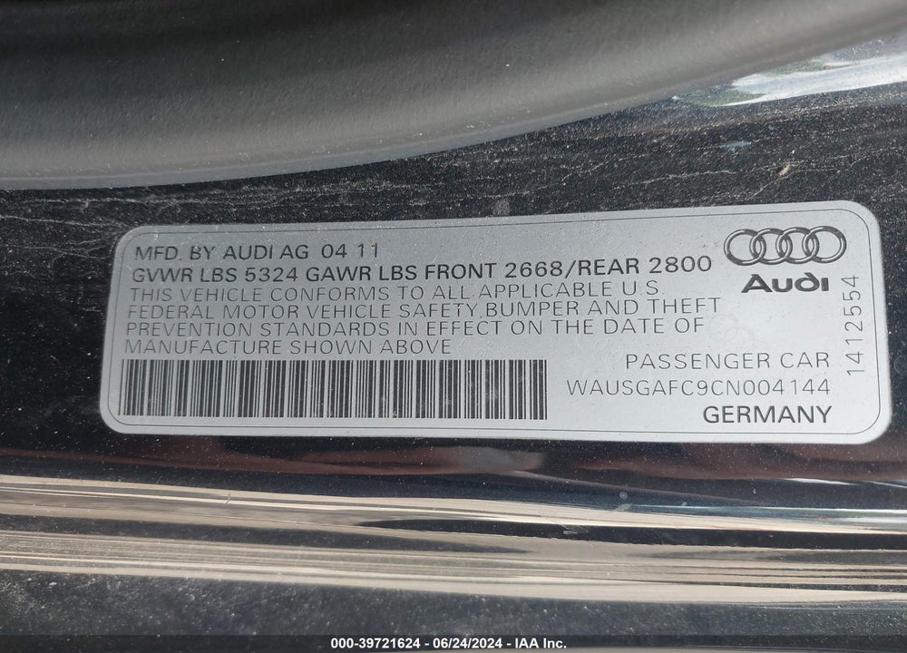 2012 AUDI A7 PREMIUM VIN: WAUSGAFC9CN004144