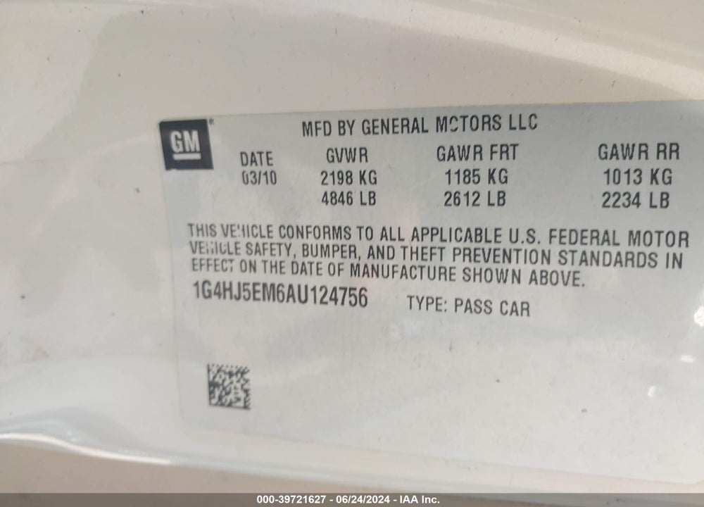 2010 BUICK LUCERNE VIN: 1G4HJ5EM6AU124756