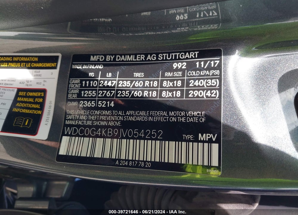 2018 MERCEDES-BENZ GLC 300 4MATIC VIN: WDC0G4KB9JV054252