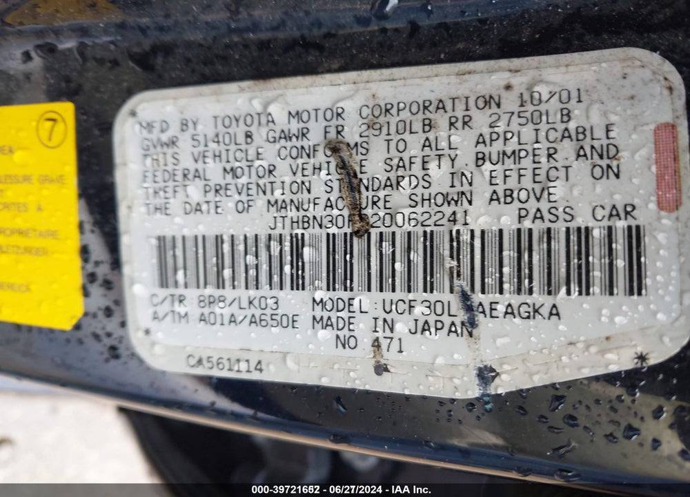 2002 LEXUS LS 430 VIN: JTHBN30F920062241