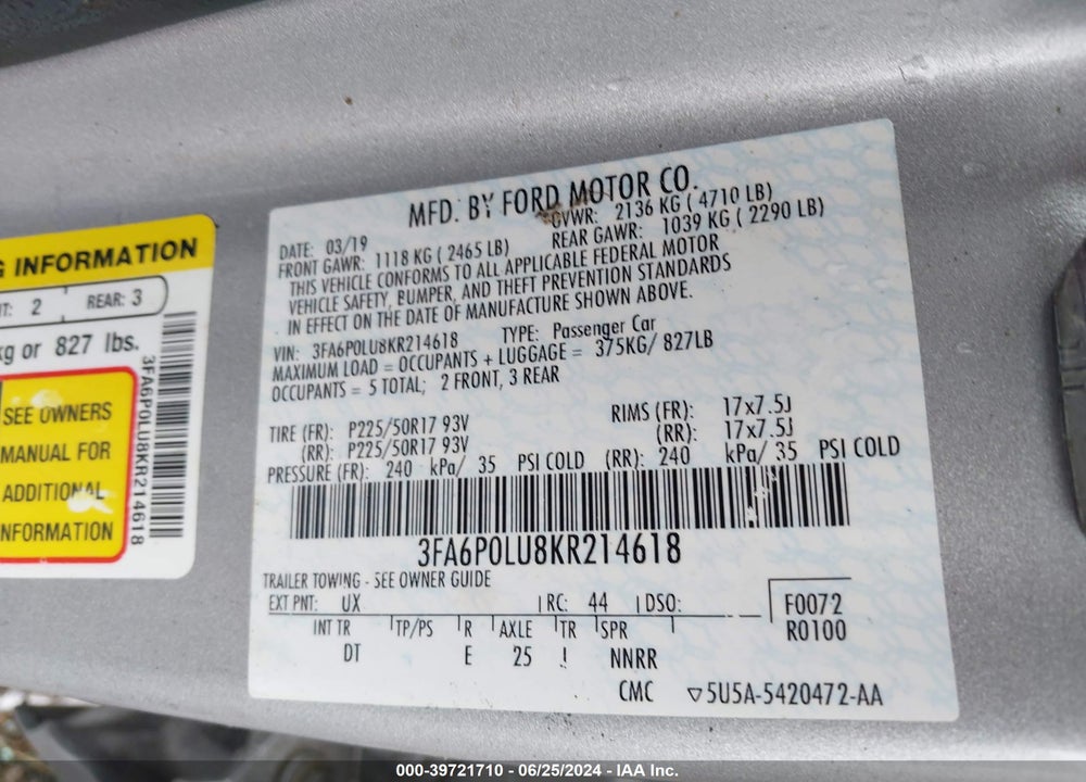 2019 FORD FUSION HYBRID SE VIN: 3FA6P0LU8KR214618