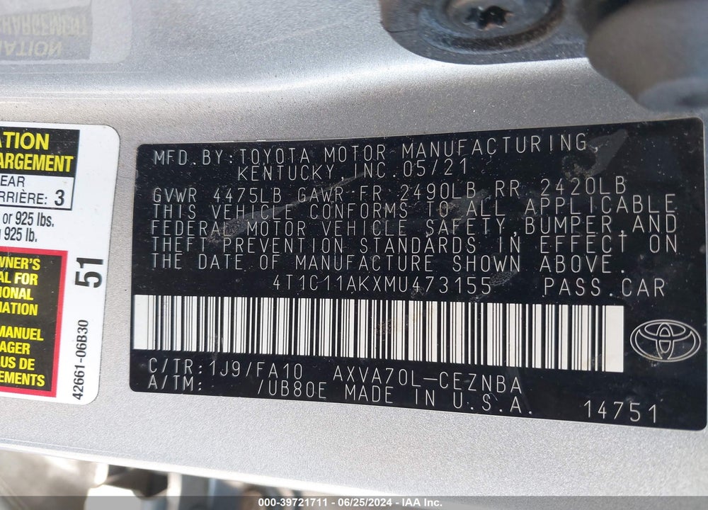 2021 TOYOTA CAMRY LE VIN: 4T1C11AKXMU473155
