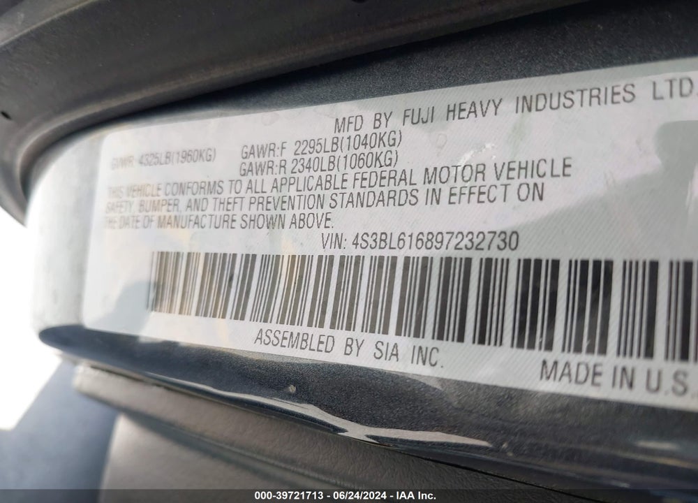 2009 SUBARU LEGACY 2.5I VIN: 4S3BL616897232730