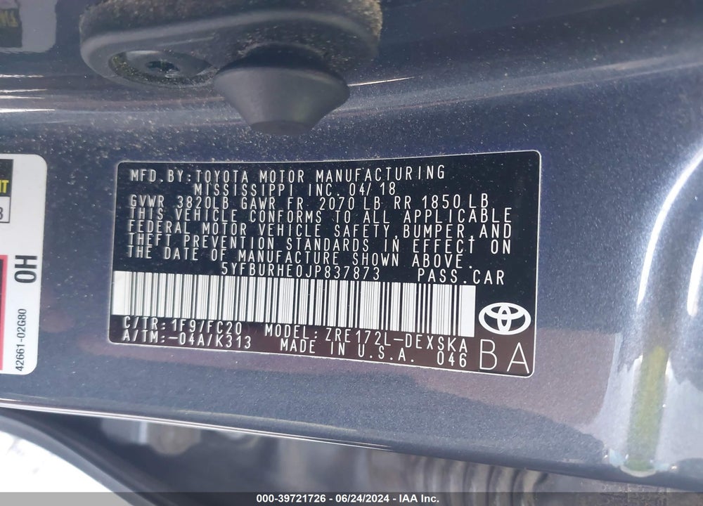 2018 TOYOTA COROLLA SE VIN: 5YFBURHE0JP837873