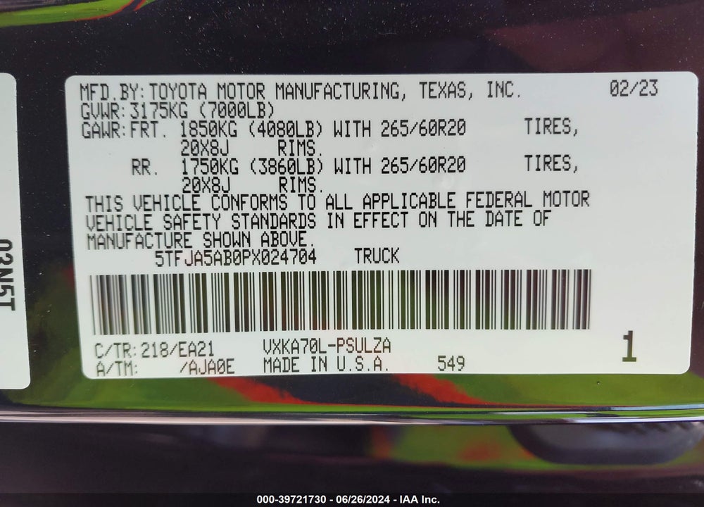 2023 TOYOTA TUNDRA LIMITED VIN: 5TFJA5AB0PX024704