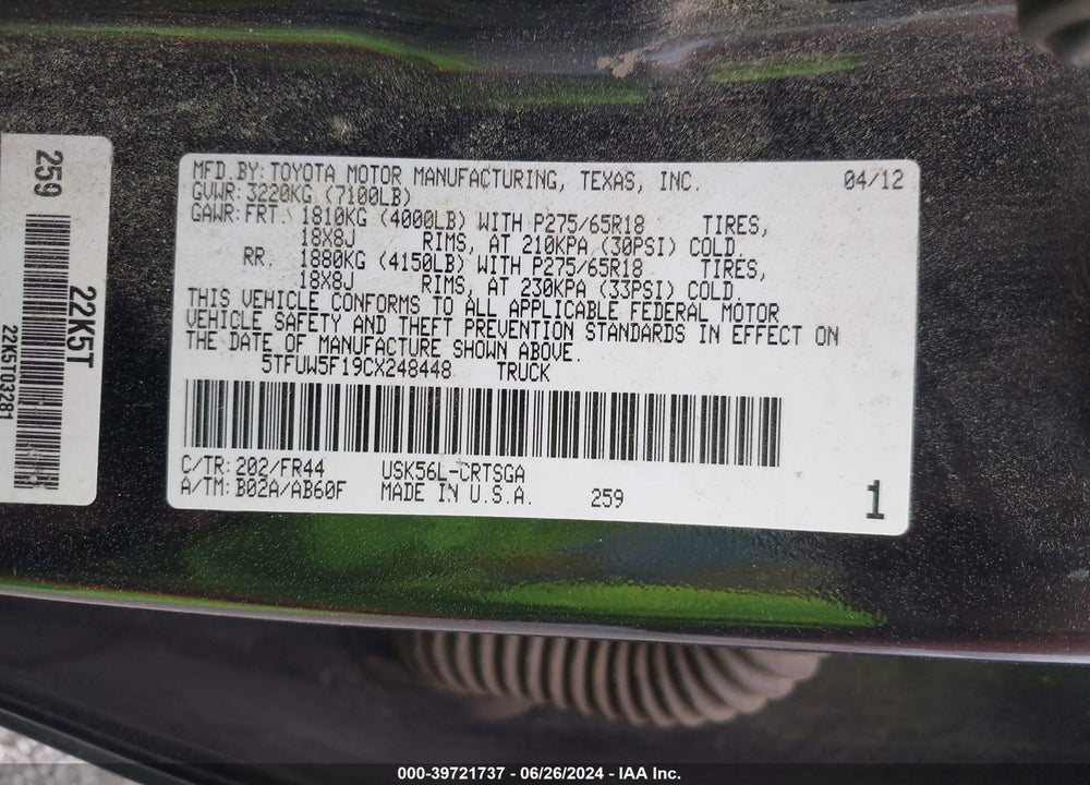 2012 TOYOTA TUNDRA GRADE 5.7L V8 VIN: 5TFUW5F19CX248448