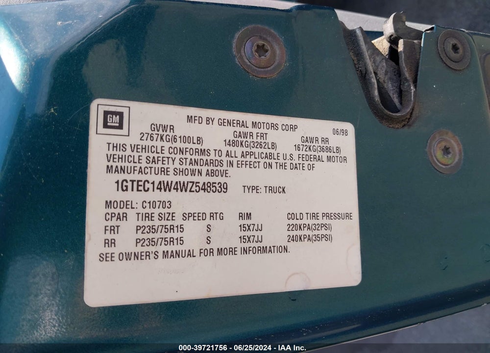 1998 GMC SIERRA 1500 SPECIAL VIN: 1GTEC14W4WZ548539