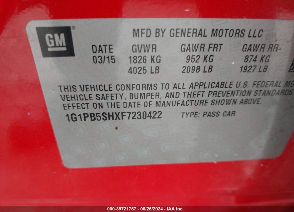 2015 CHEVROLET CRUZE LS VIN: 1G1PB5SHXF7230422