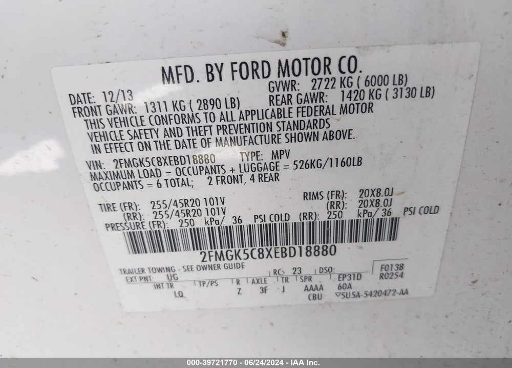 2014 FORD FLEX SEL VIN: 2FMGK5C8XEBD18880