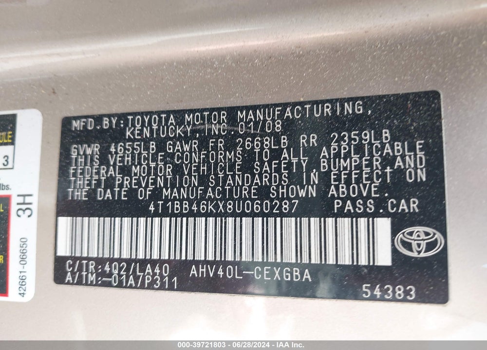 2008 TOYOTA CAMRY HYBRID VIN: 4T1BB46KX8U060287