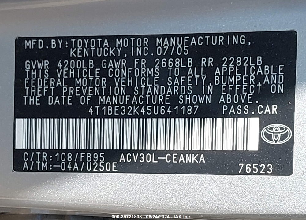 2005 TOYOTA CAMRY STD/ VIN: 4T1BE32K45U641187