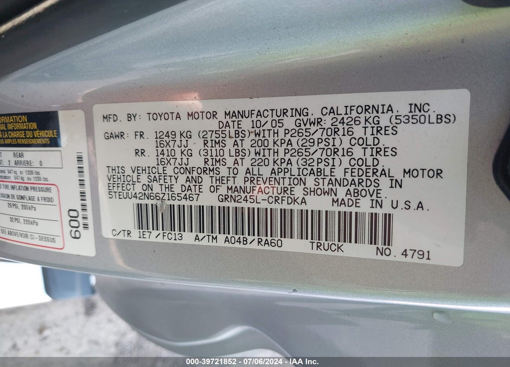 2006 TOYOTA TACOMA BASE V6 VIN: 5TEUU42N66Z165467