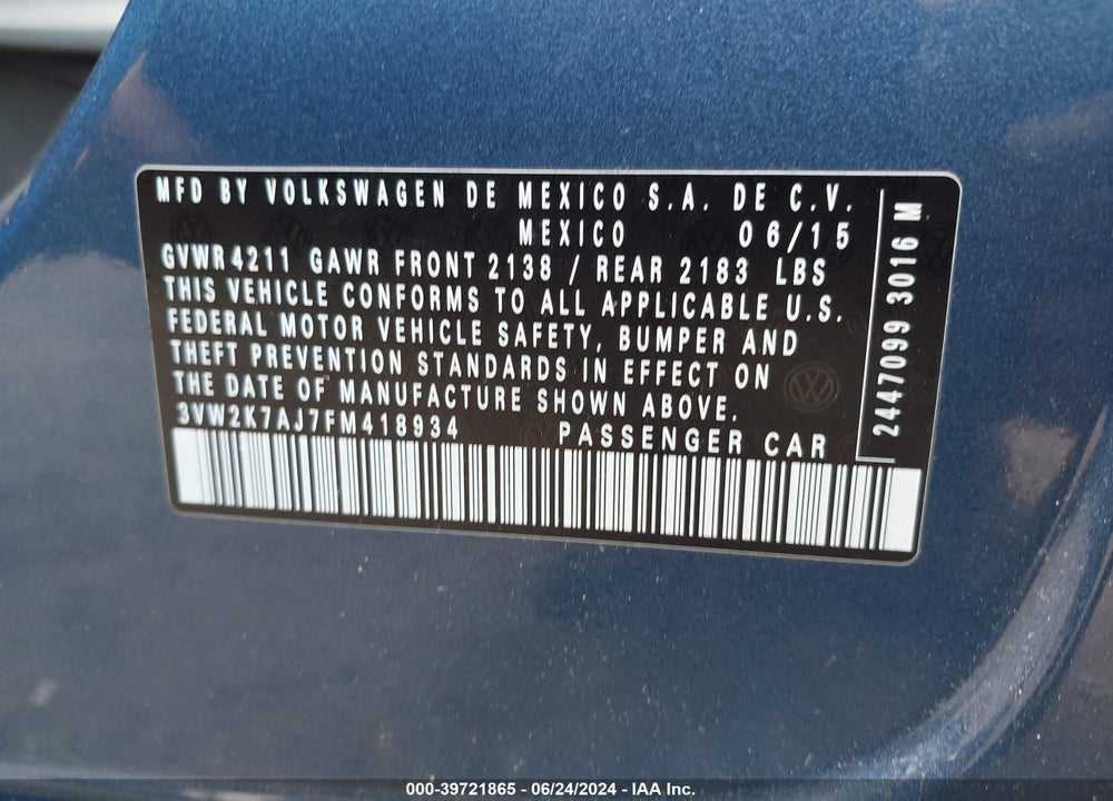 2015 VOLKSWAGEN JETTA 2.0L S VIN: 3VW2K7AJ7FM418934
