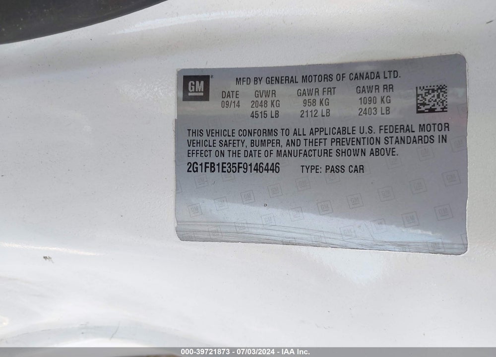 2015 CHEVROLET CAMARO 2LS VIN: 2G1FB1E35F9146446