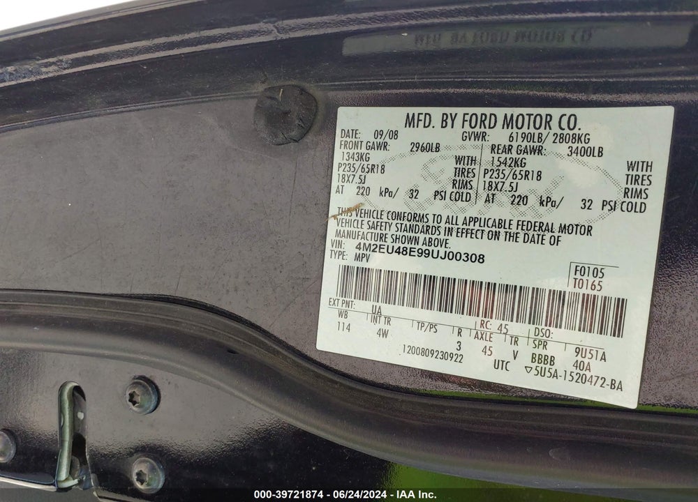 2009 MERCURY MOUNTAINEER PREMIER VIN: 4M2EU48E99UJ00308