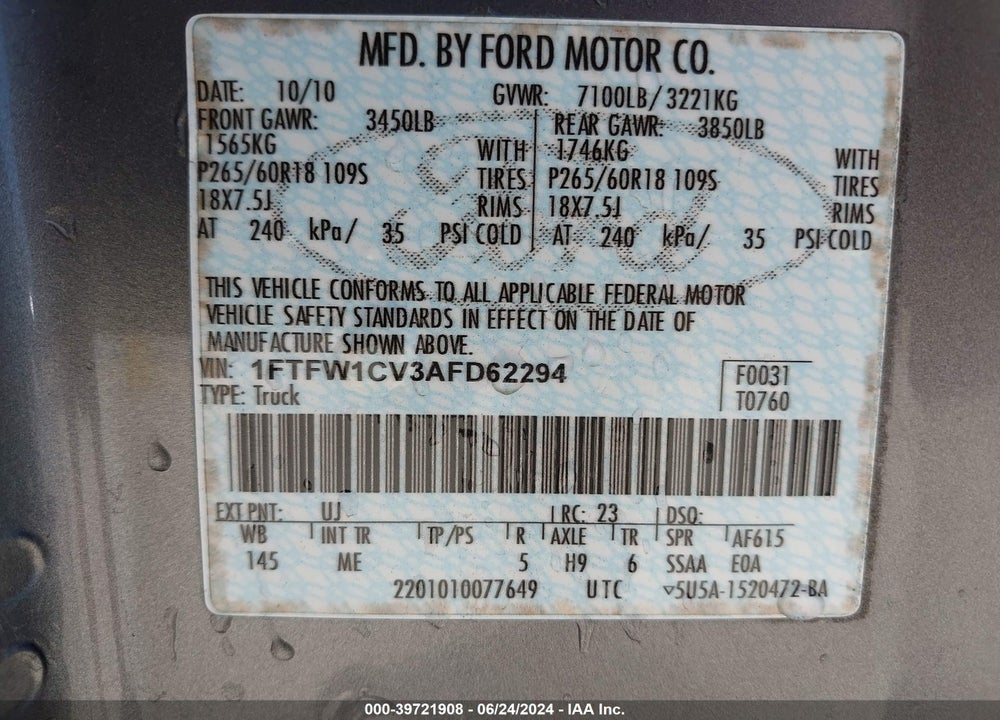 2010 FORD F-150 FX2 SPORT/HARLEY-DAVIDSON/KING RANCH/LARIAT/PLATINUM/XL/XLT VIN: 1FTFW1CV3AFD62294