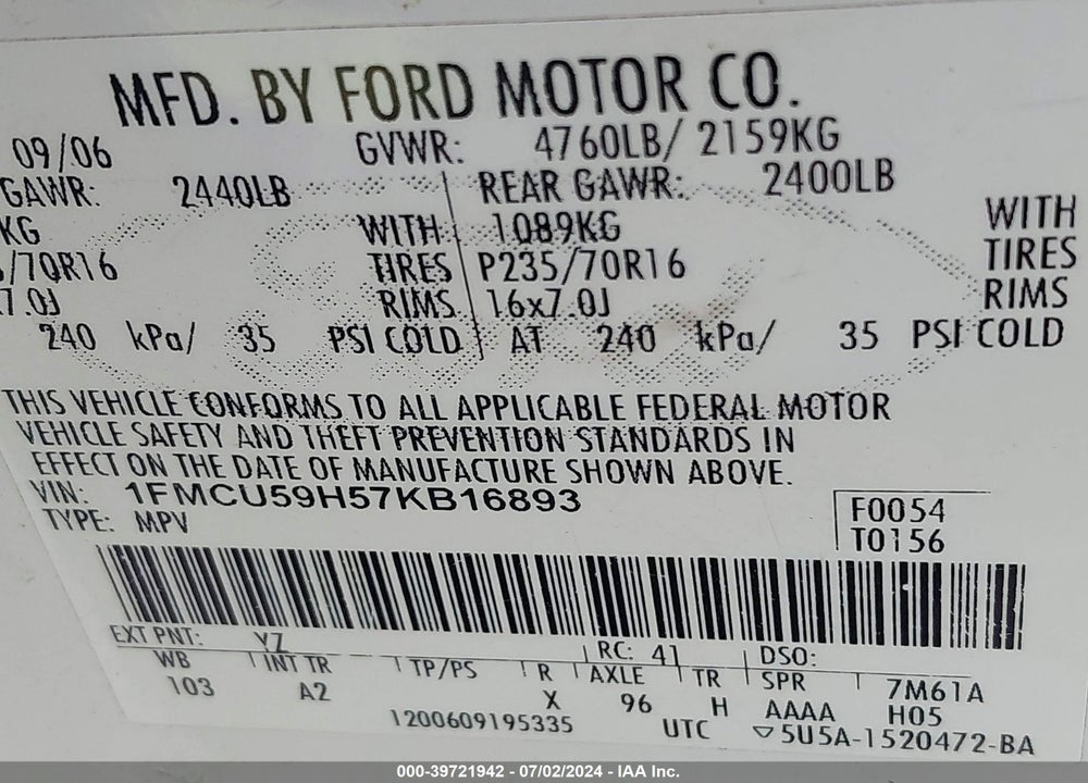 2007 FORD ESCAPE HYBRID VIN: 1FMCU59H57KB16893