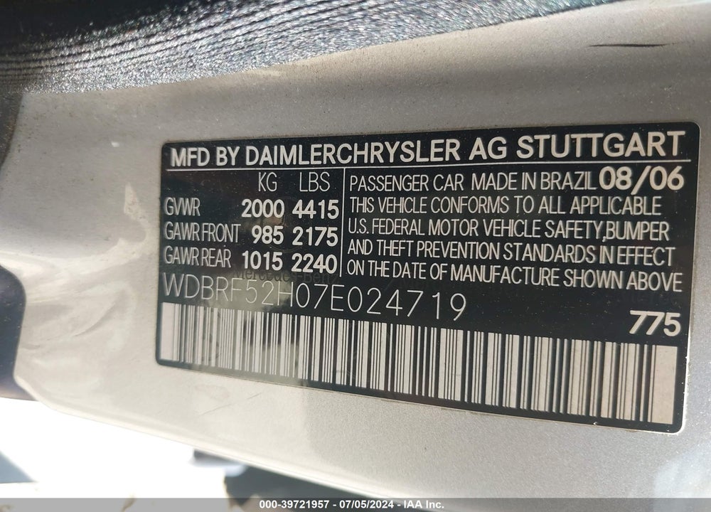 2007 MERCEDES-BENZ C 230 SPORT VIN: WDBRF52H07E024719