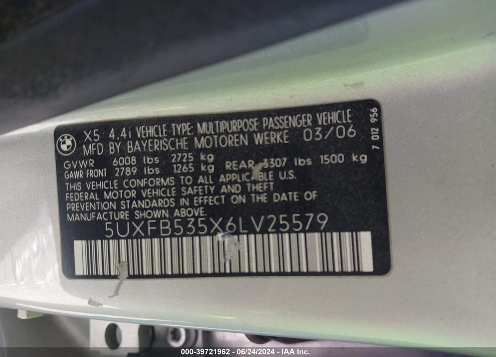 2006 BMW X5 4.4I VIN: 5UXFB535X6LV25579