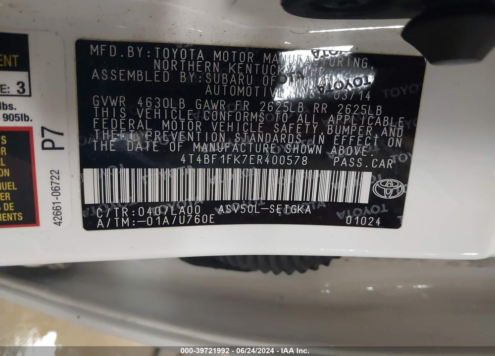 2014 TOYOTA CAMRY XLE VIN: 4T4BF1FK7ER400578