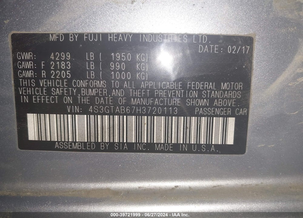 2017 SUBARU IMPREZA 2.0I PREMIUM VIN: 4S3GTAB67H3720113