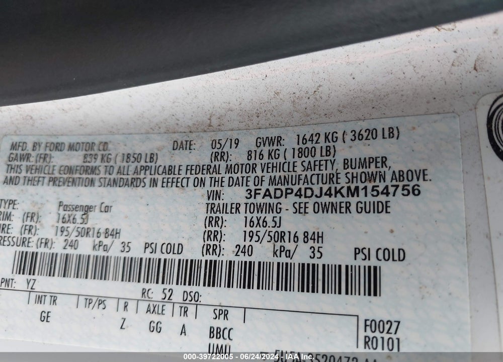2019 FORD FIESTA ST LINE VIN: 3FADP4DJ4KM154756