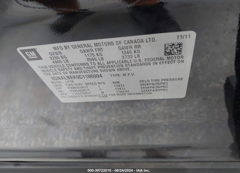 2012 CHEVROLET EQUINOX LS VIN: 2GNALBEK9C1186994